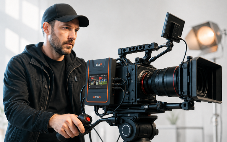 Közvetítési szakember kamerára szerelt LiveU LU900Q terepi egységgel, világos stúdióban